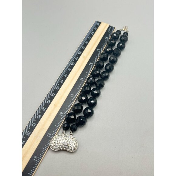 Carolee Black Glass Beaded Bracelet Double Strand with Crystal Encrusted Clasp - Picture 6 of 6
